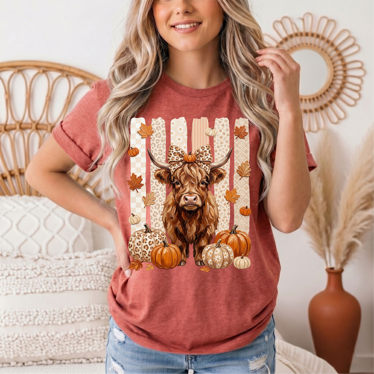Fall Highland Cow Leopard Bow & Pumpkin Graphic Tee