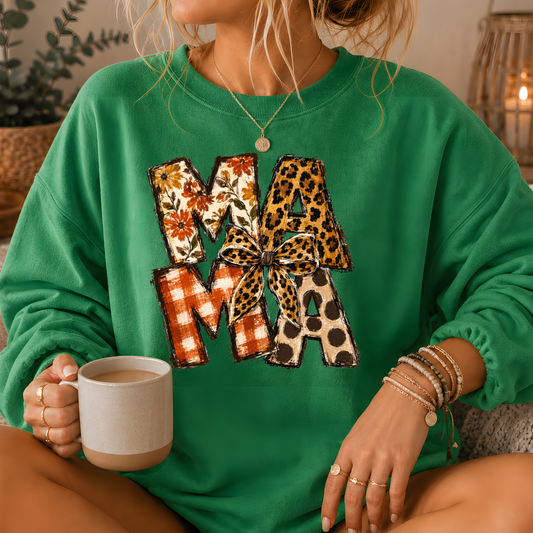 Mama Mixed Print Bow Crewneck Sweatshirt