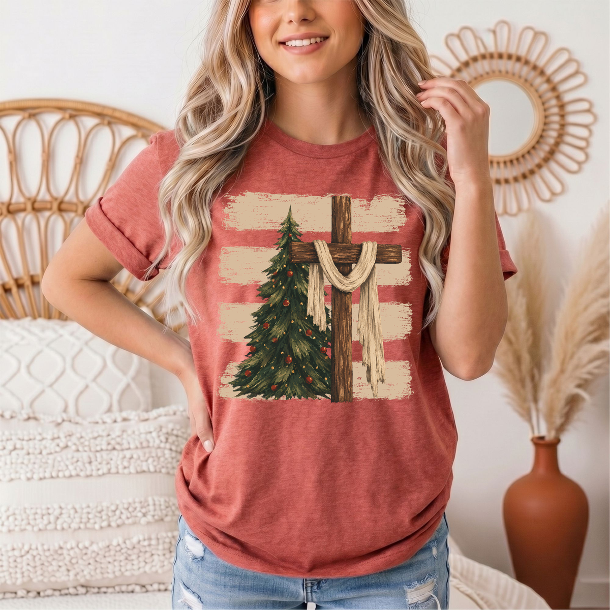 Rustic Cross & Christmas Tree Christian Graphic Tee