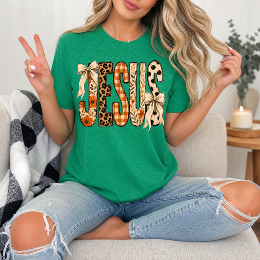 Jesus Floral, Leopard & Gingham Bow Graphic Tee