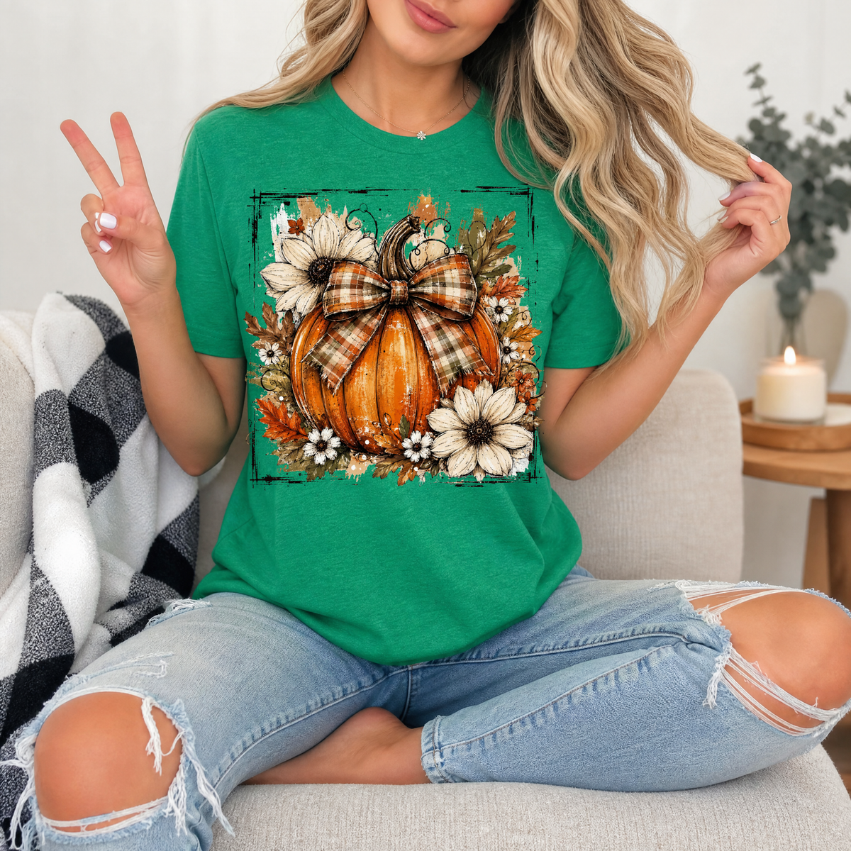 Fall Pumpkin Floral & Plaid Bow Graphic Tee