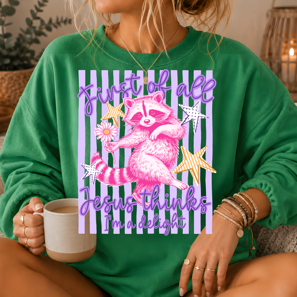 Jesus Thinks I'm a Delight Raccoon Crewneck Sweatshirt