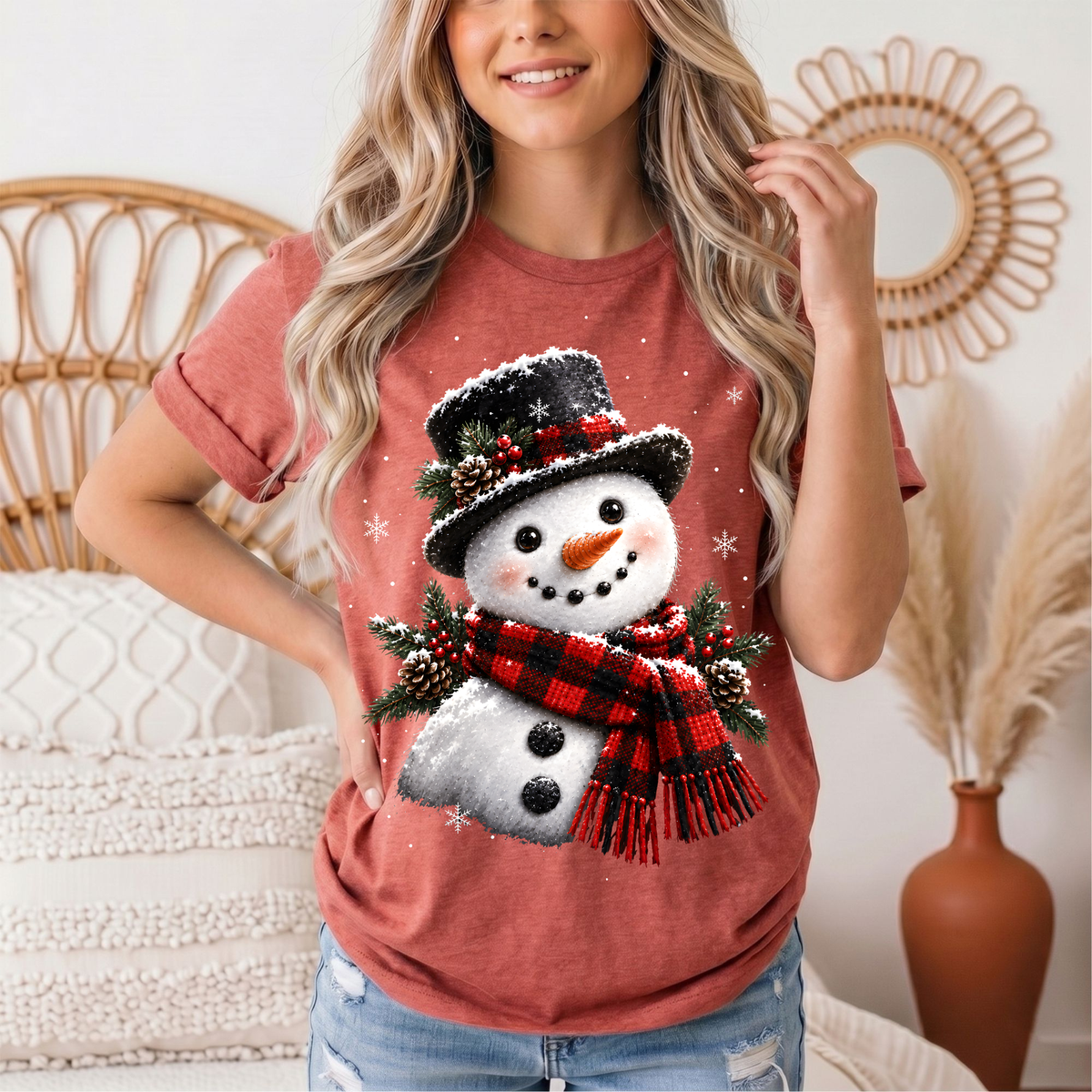 Snowman Buffalo Plaid Scarf Christmas Graphic Tee