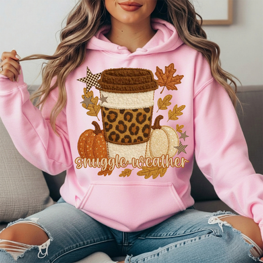 Snuggle Weather Faux Embroidery Coffee Hoodie Sweatshirt