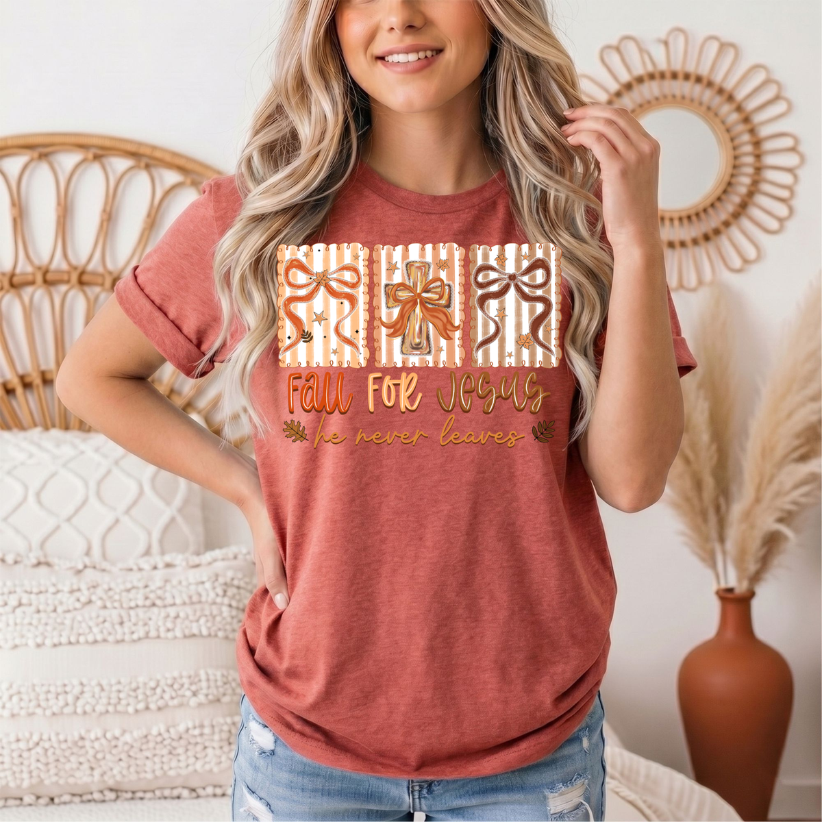 Fall for Jesus He Never Leaves Christian Graphic Tee
