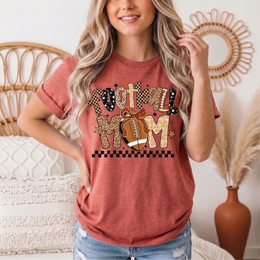 Football Mom Mixed Print Bow & Checkerboard Graphic Tee