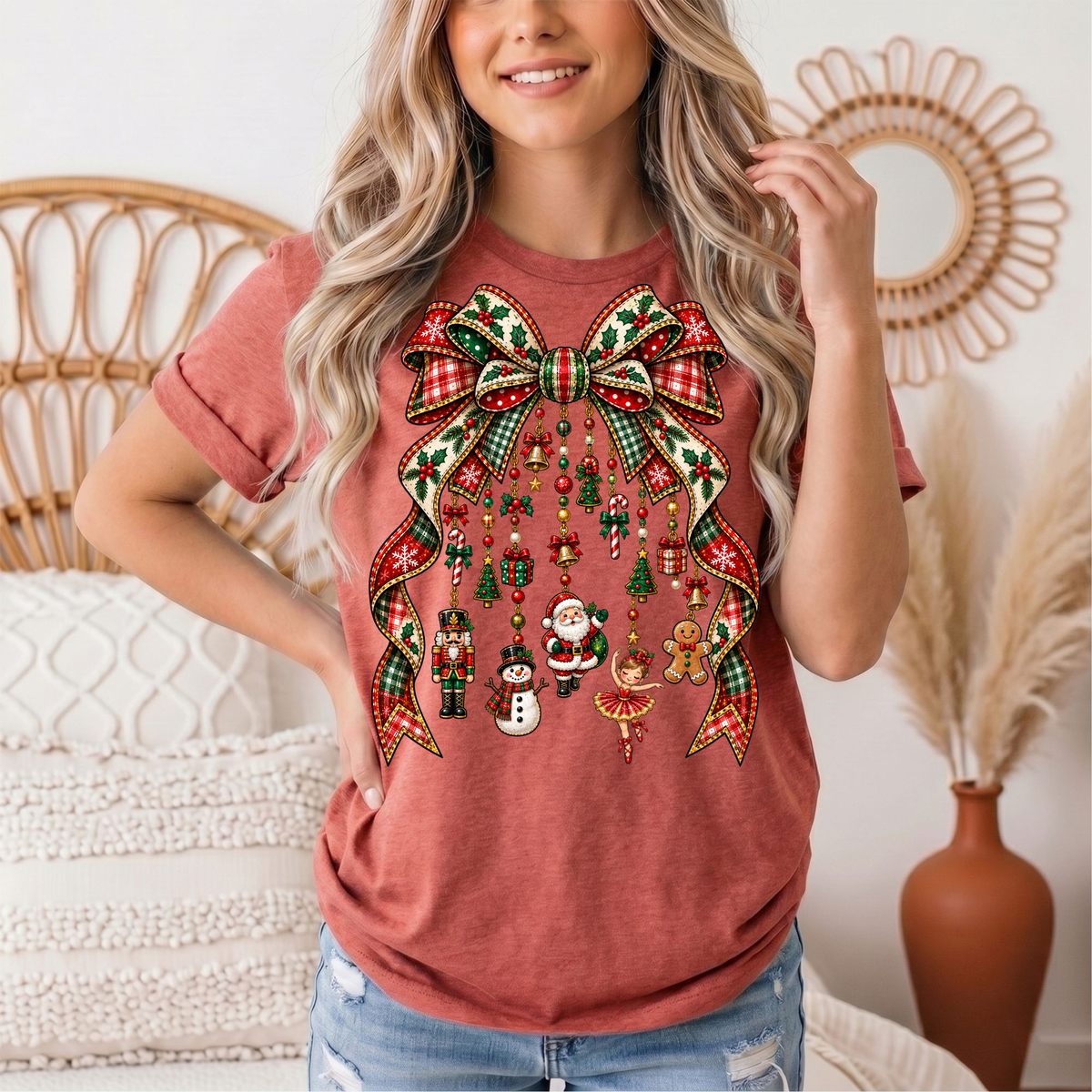 Christmas Plaid Bow & Holiday Charms Graphic Tee