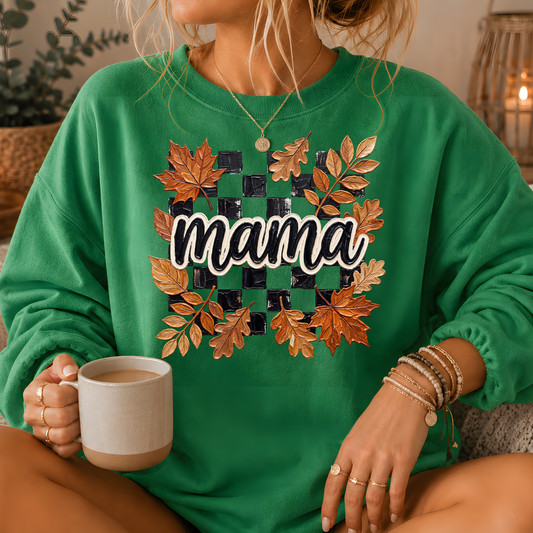 Mama Fall Leaves Checkerboard Crewneck Sweatshirt