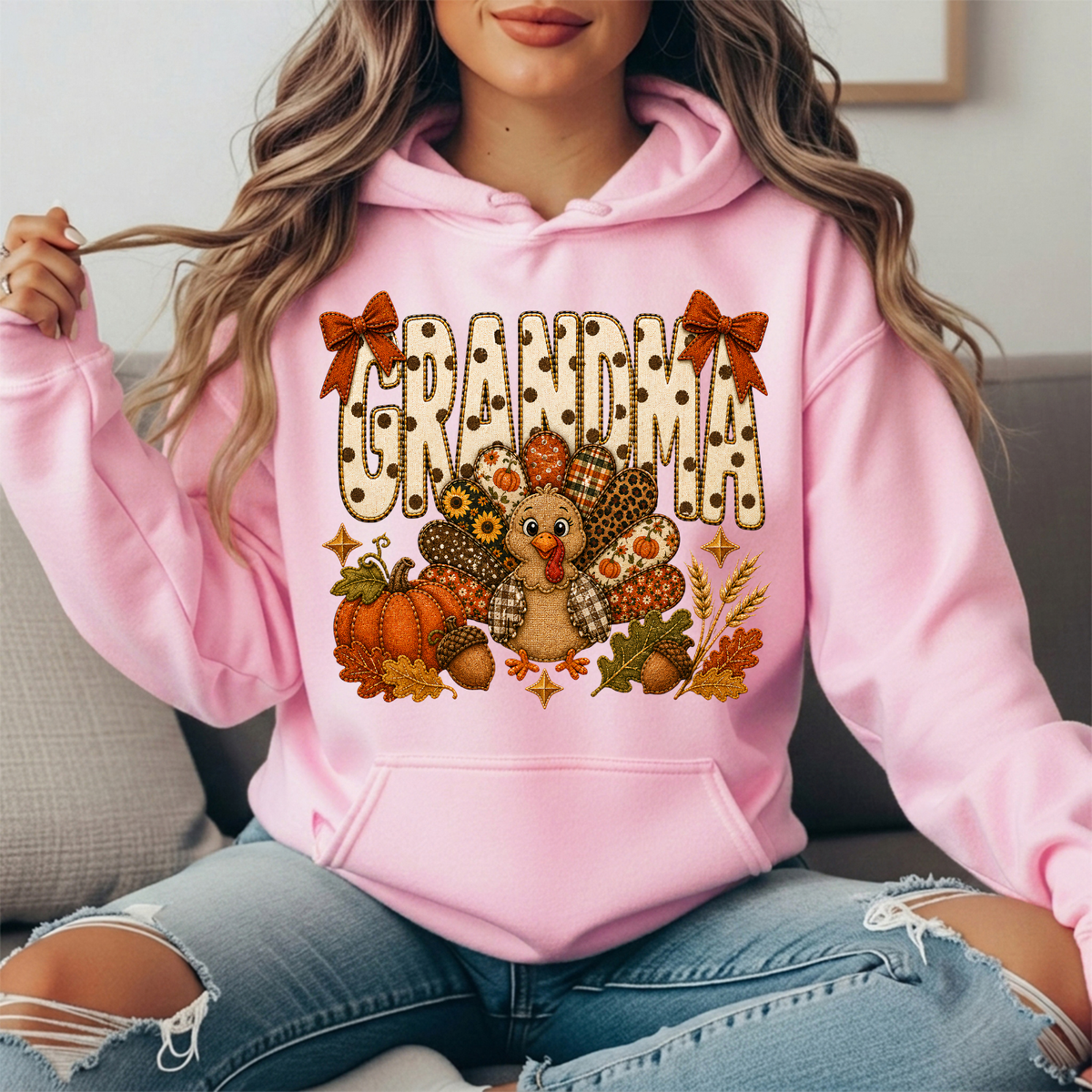 Grandma Thanksgiving Patchwork Turkey Bow Graphic Hoodie