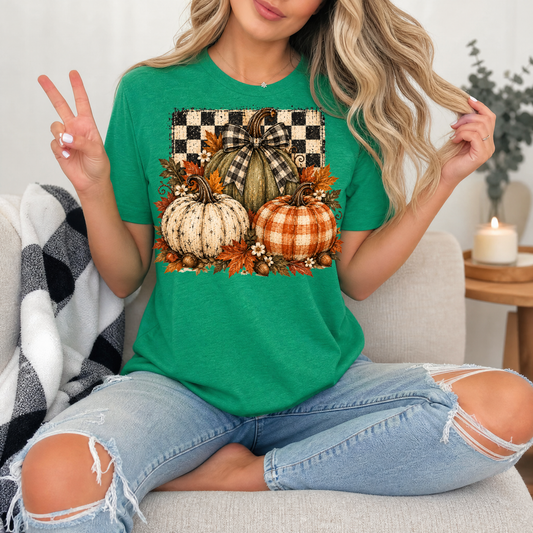 Rustic Fall Pumpkin Trio & Gingham Bow Graphic Tee