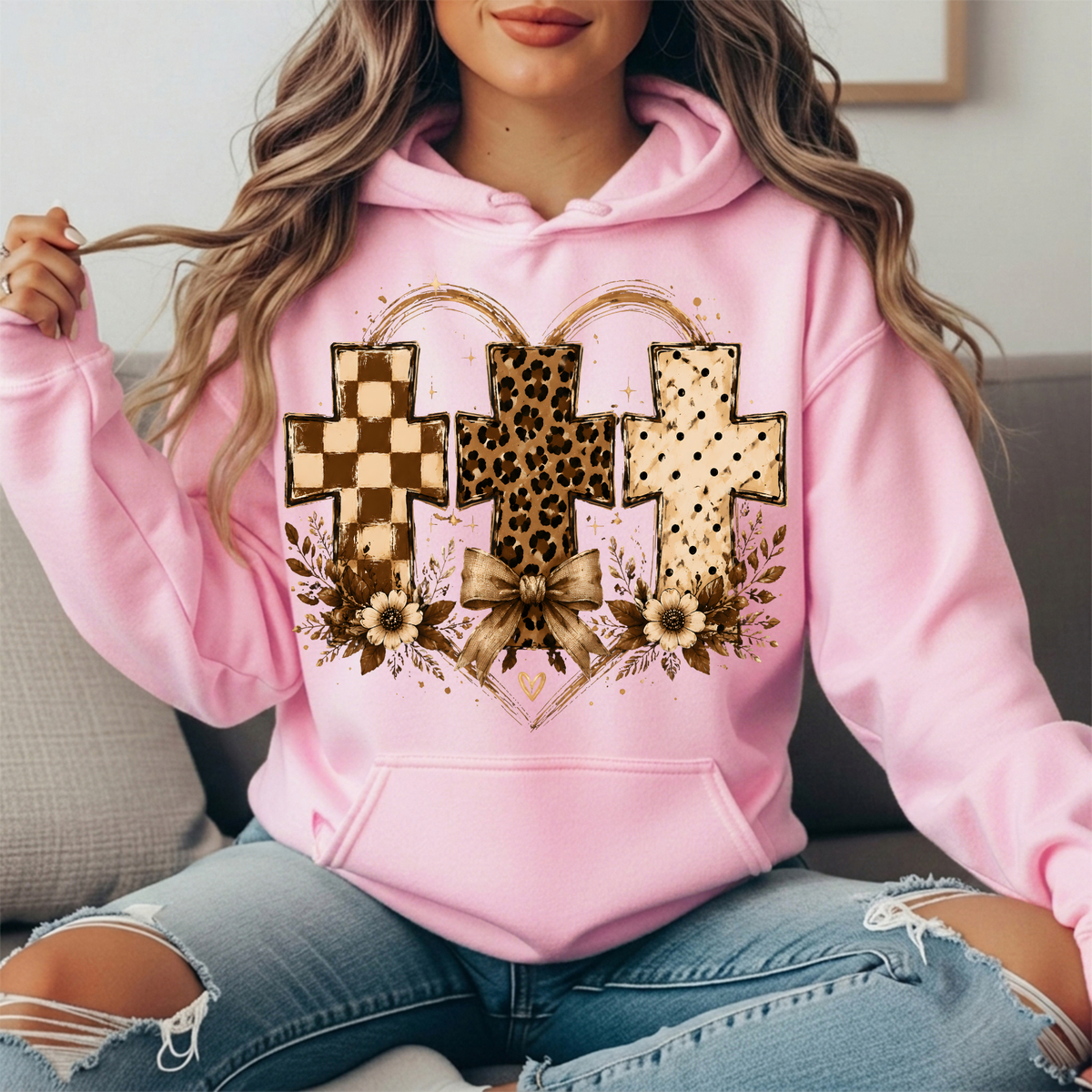 Three Crosses Leopard Floral Bow Graphic Hoodie