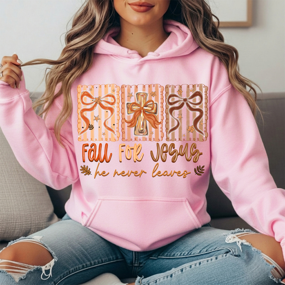 Fall for Jesus He Never Leaves Bow Cross Graphic Hoodie