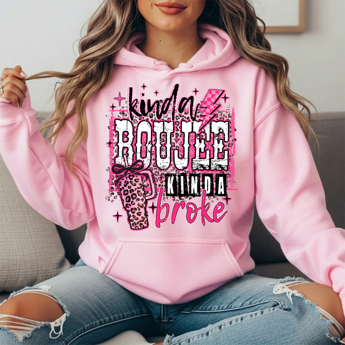 Kinda Boujee Kinda Broke Pink Leopard Graphic Hoodie