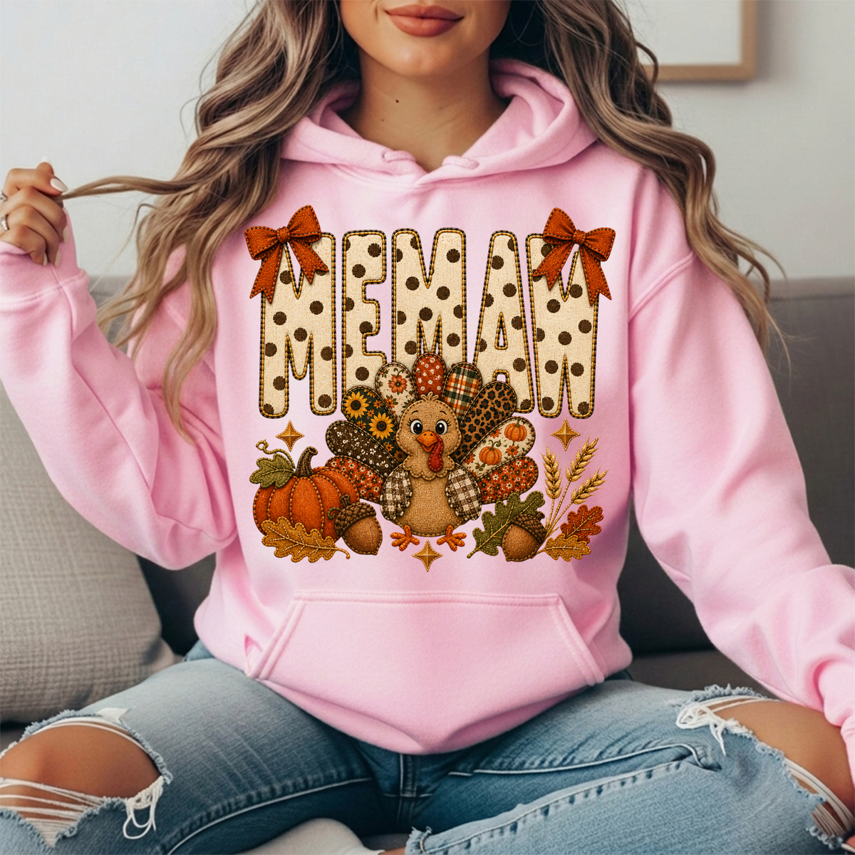 Memaw Thanksgiving Turkey & Rust Bows Graphic Hoodie