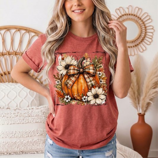 Fall Pumpkin Floral & Plaid Bow Graphic Tee