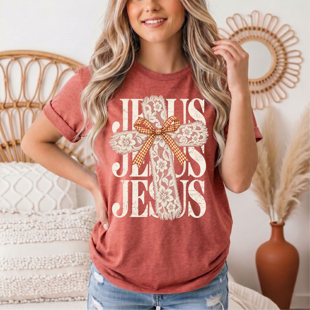 Jesus Lace Cross & Gingham Bow Christian Graphic Tee
