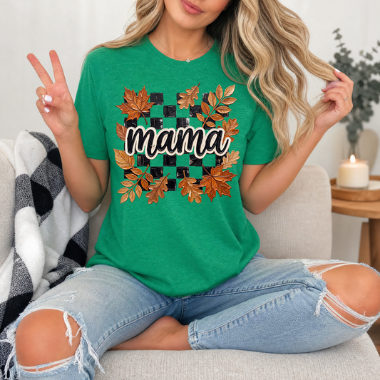 Mama Fall Leaves & Checkerboard Graphic Tee