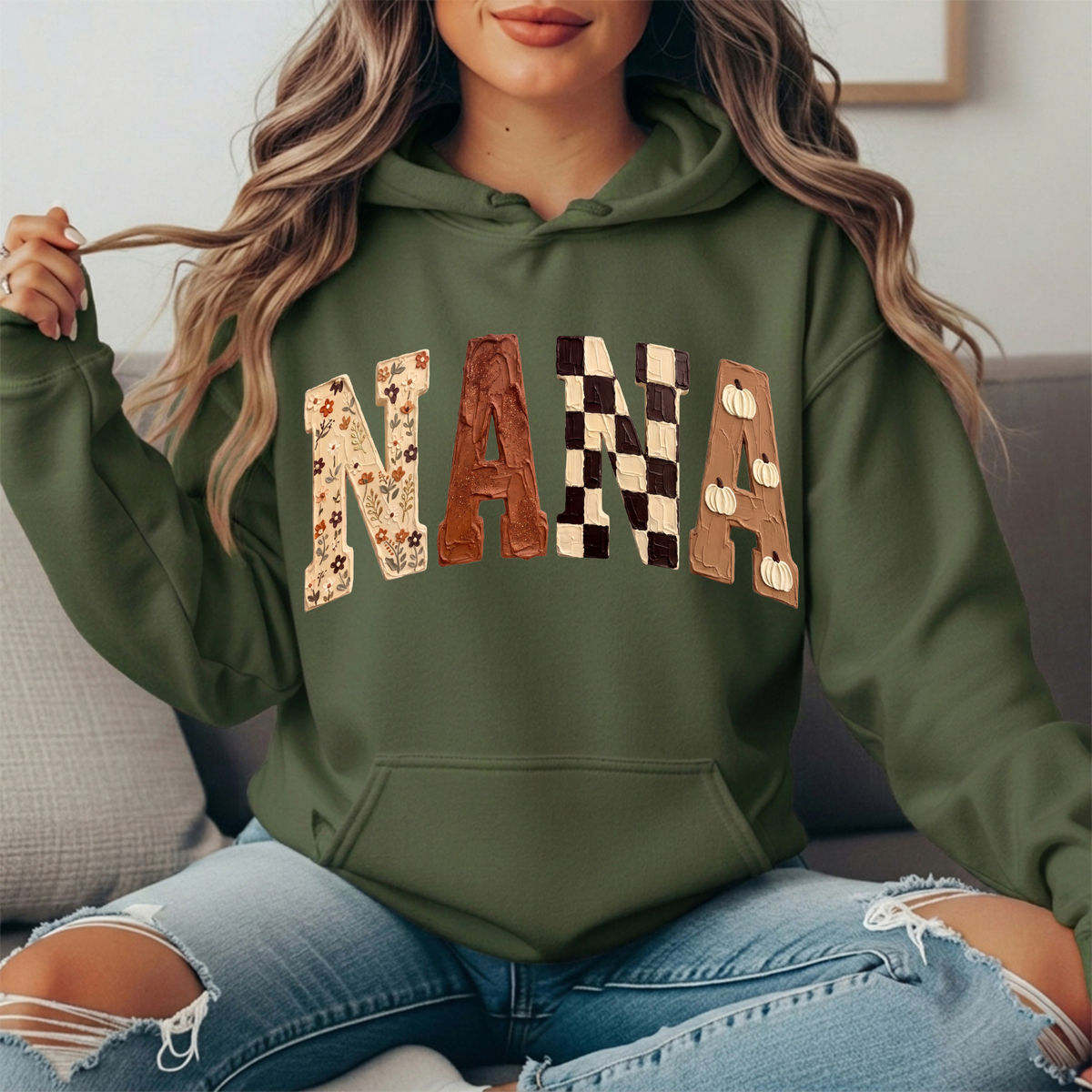 Nana Fall Floral, Checkerboard & Pumpkin Graphic Hoodie