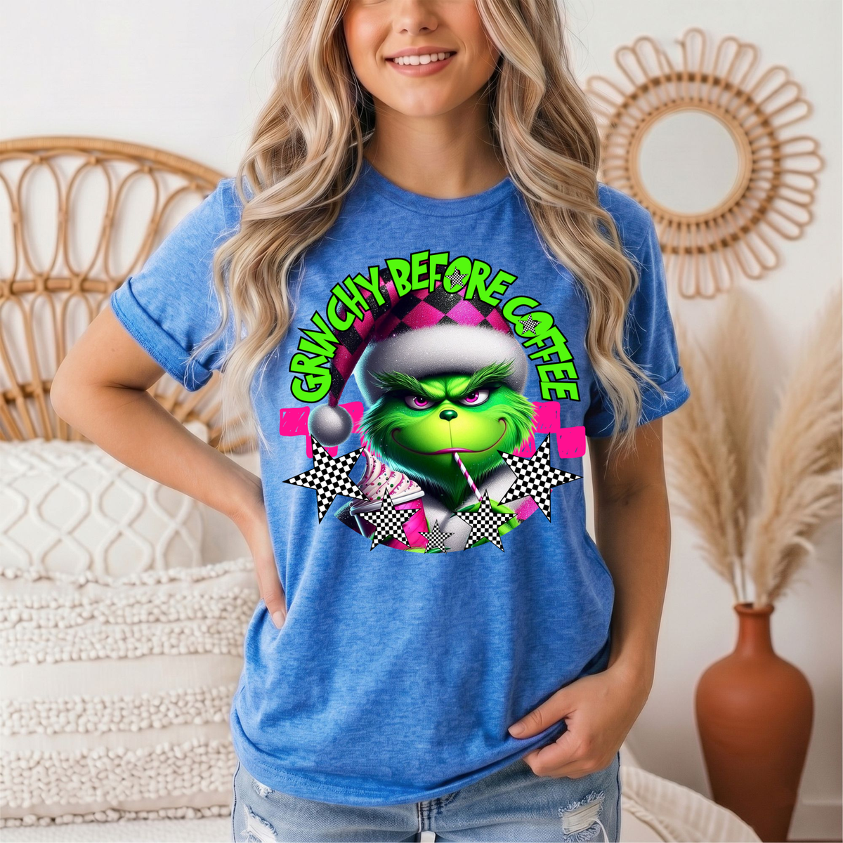 Grinchy Before Coffee Pink Checkerboard Christmas Graphic Tee