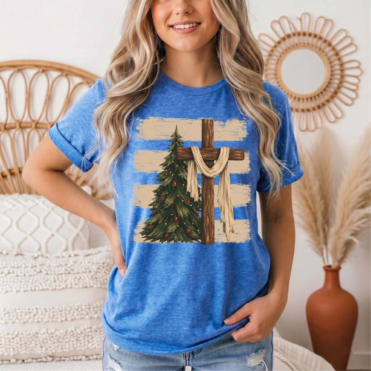 Rustic Cross & Christmas Tree Christian Graphic Tee
