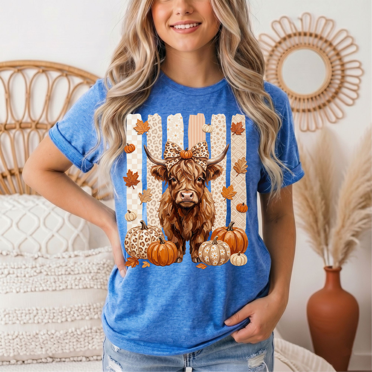 Fall Highland Cow Leopard Bow & Pumpkin Graphic Tee