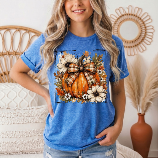 Fall Pumpkin Floral & Plaid Bow Graphic Tee