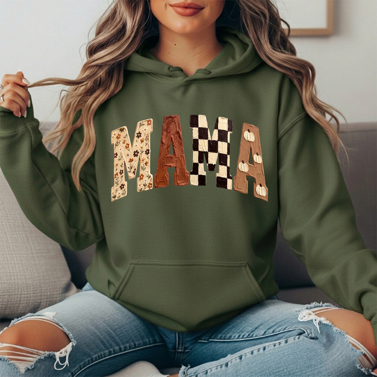 Mama Fall Floral, Checkerboard & Pumpkin Graphic Hoodie