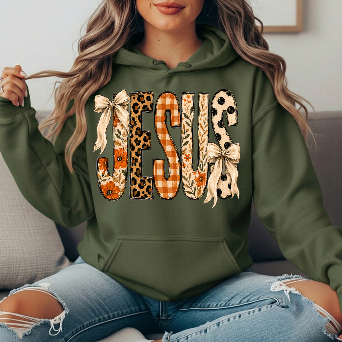 Jesus Patchwork Floral & Bow Graphic Hoodie