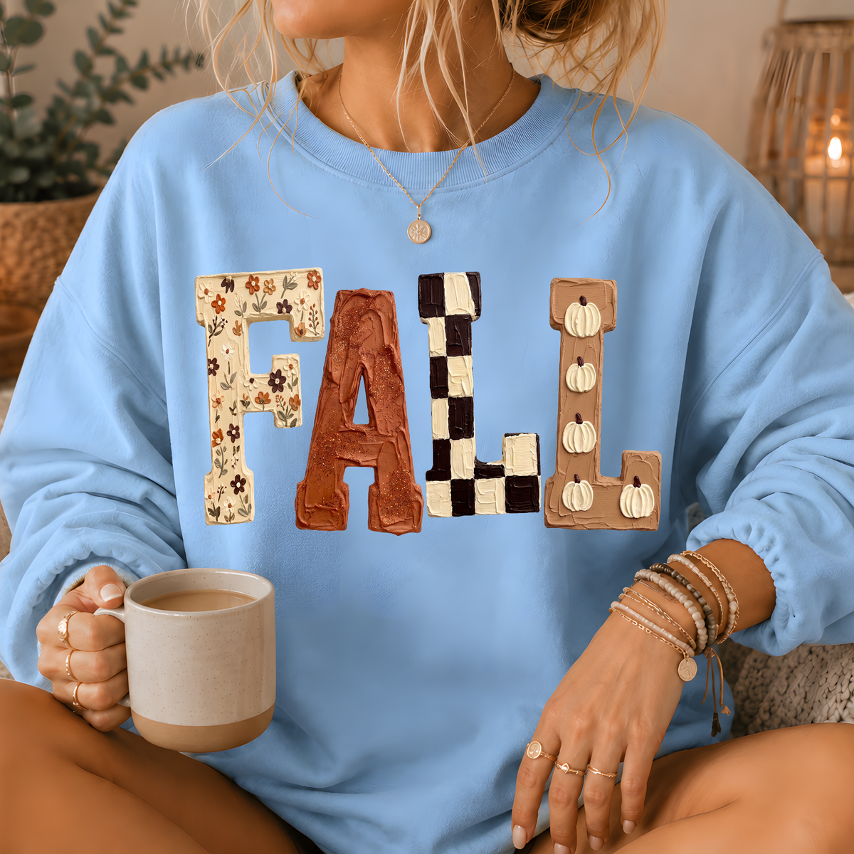 Fall Patchwork Print Crewneck Sweatshirt
