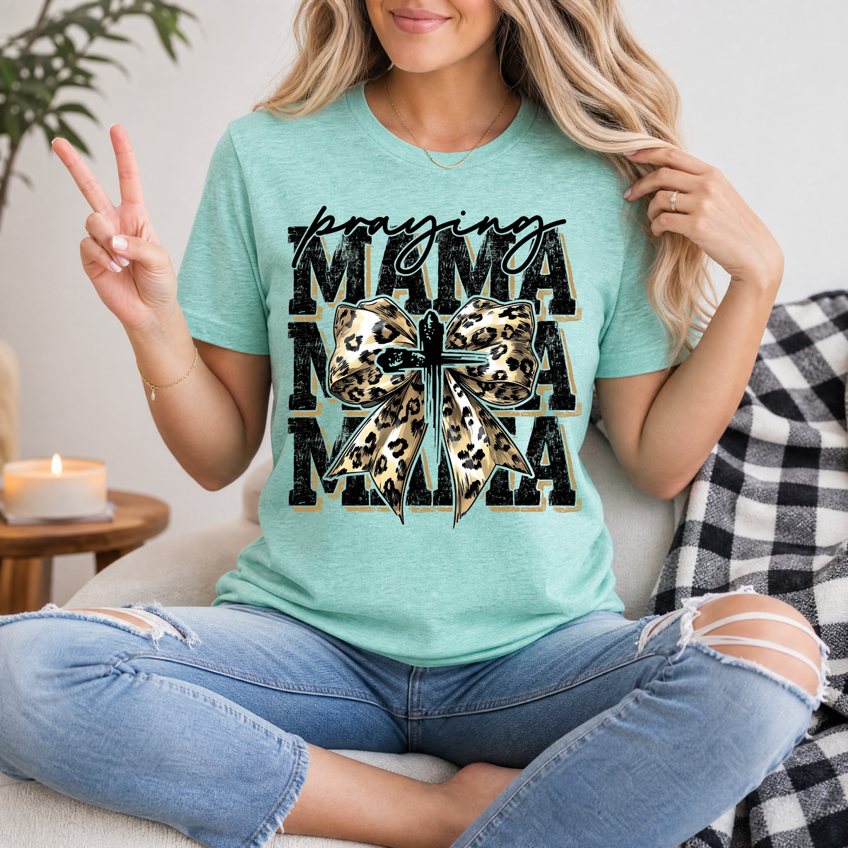 Praying Mama Leopard Bow & Cross Graphic Tee