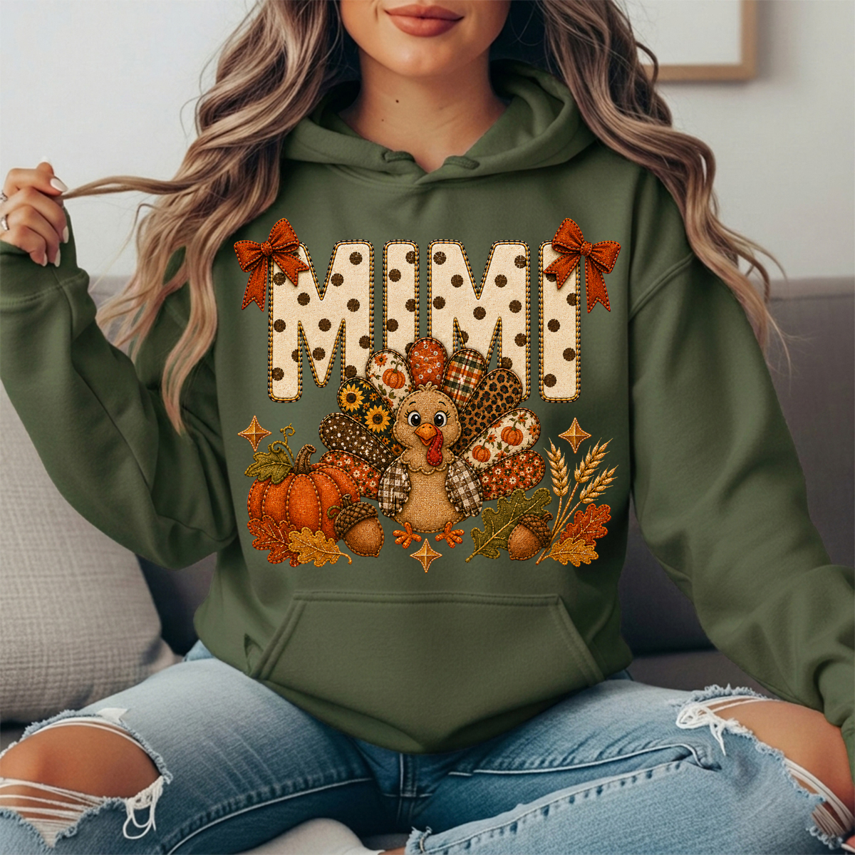 Mimi Thanksgiving Turkey & Rust Bows Graphic Hoodie