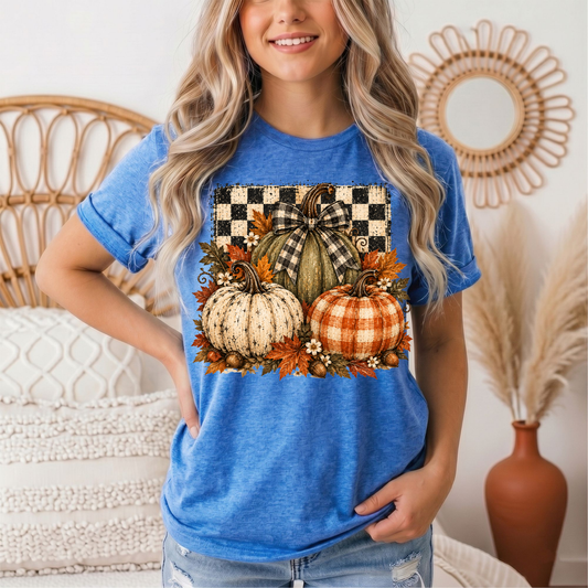 Rustic Fall Pumpkin Trio & Gingham Bow Graphic Tee