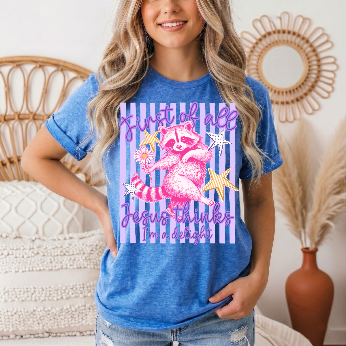 Jesus Thinks I'm a Delight Pink Raccoon Graphic Tee