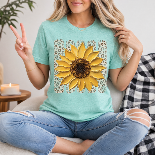 Painted Sunflower & Leopard Print Graphic Tee