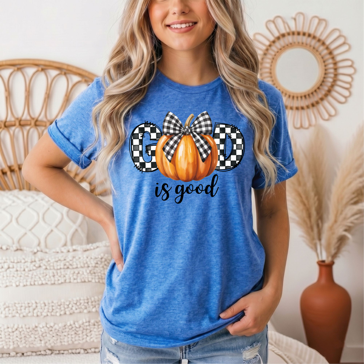God Is Good Pumpkin & Gingham Bow Graphic Tee