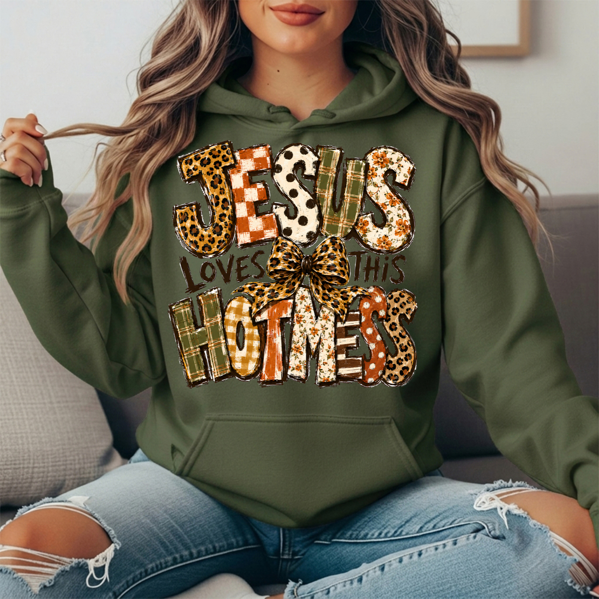 Jesus Loves This Hot Mess Leopard Bow Graphic Hoodie