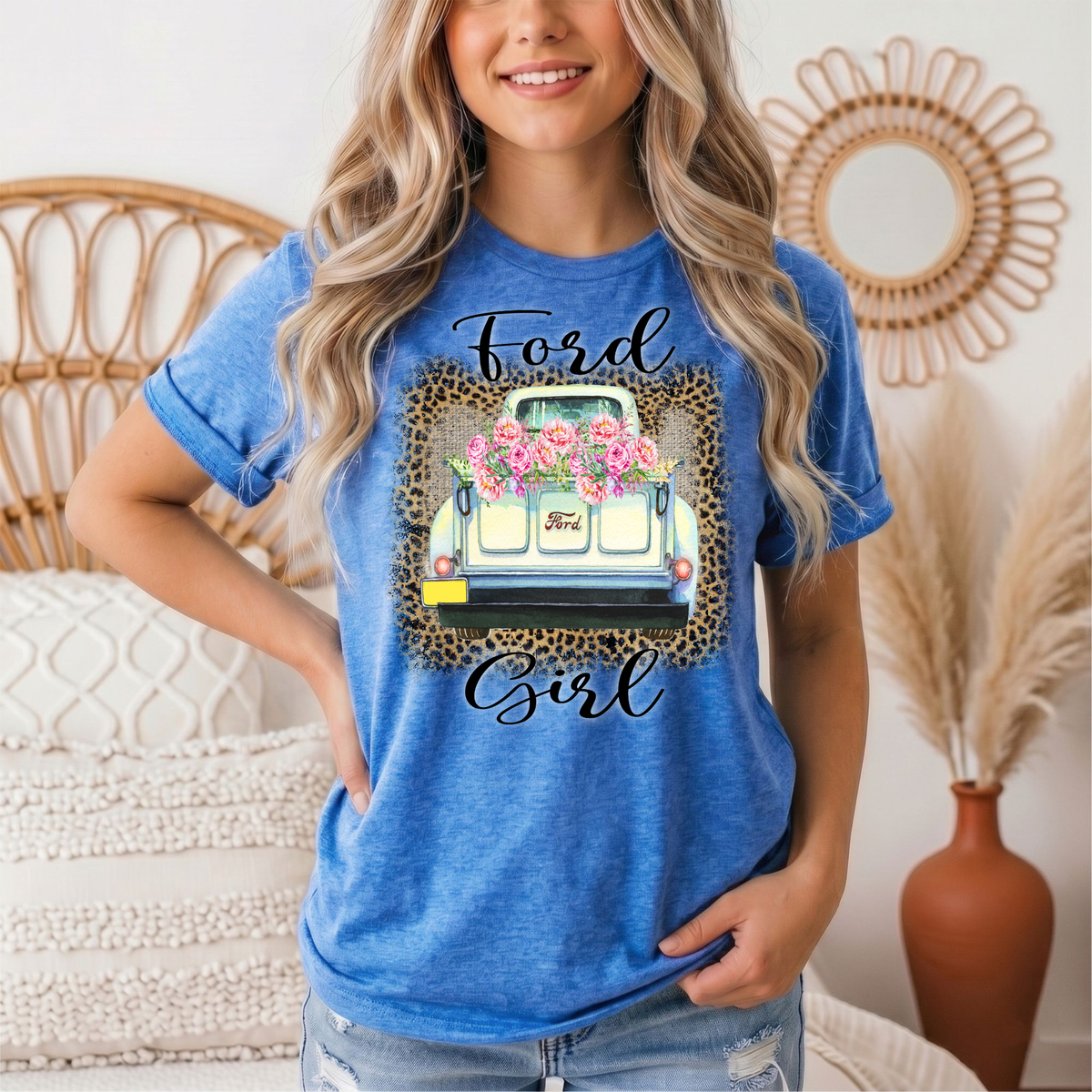 Ford Girl Floral Vintage Truck & Leopard Graphic Tee