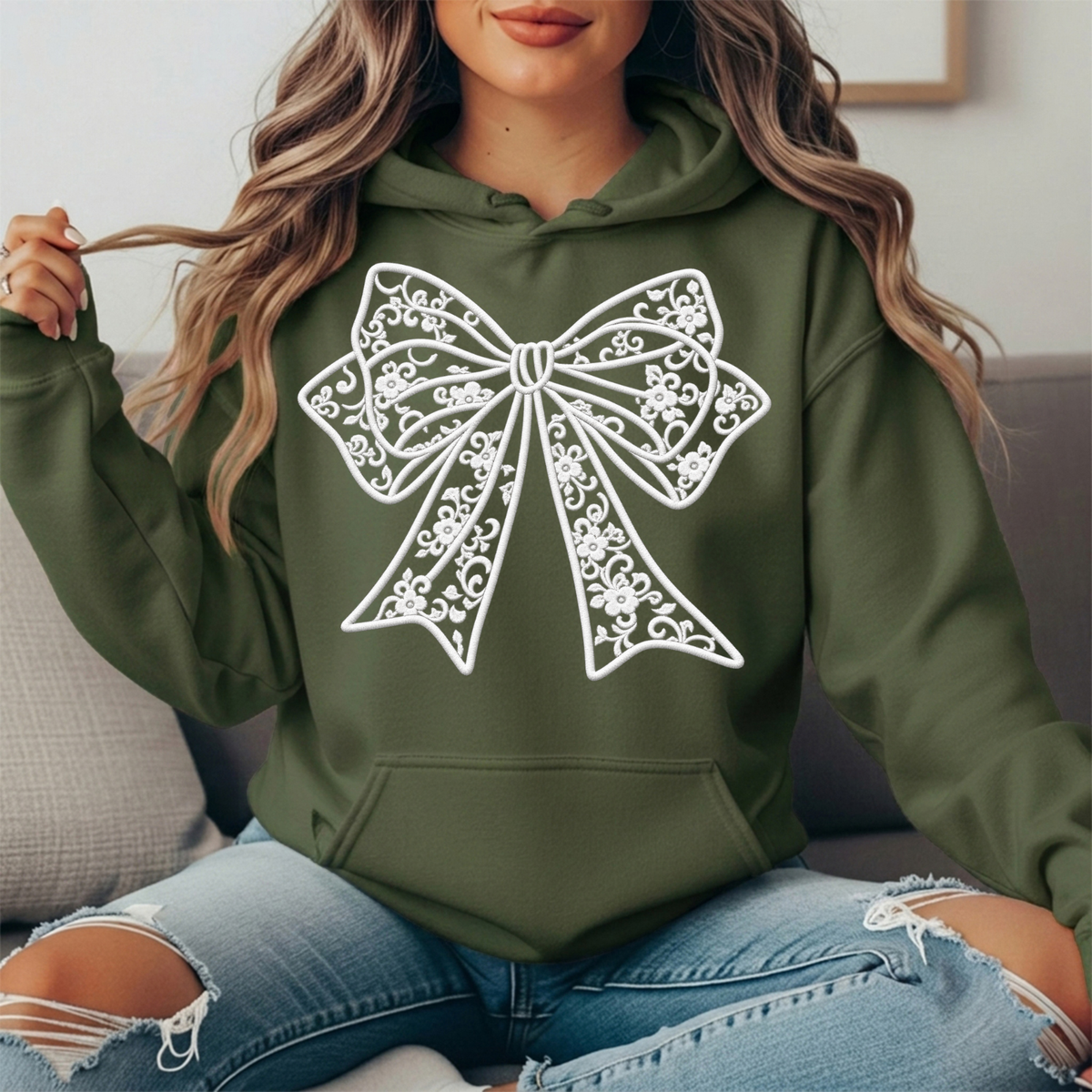 Floral Lace Bow Graphic Hoodie