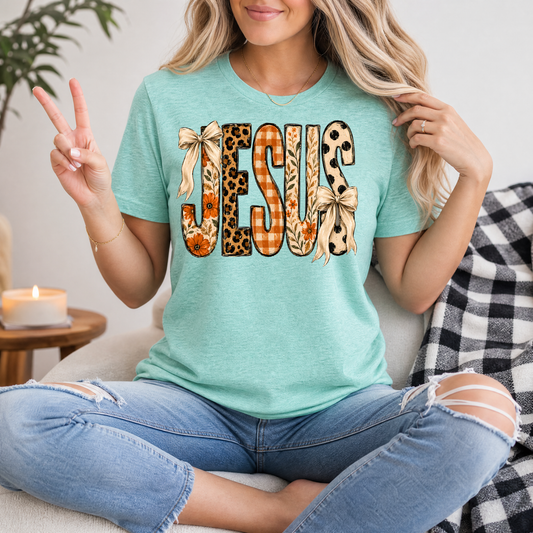 Jesus Floral, Leopard & Gingham Bow Graphic Tee