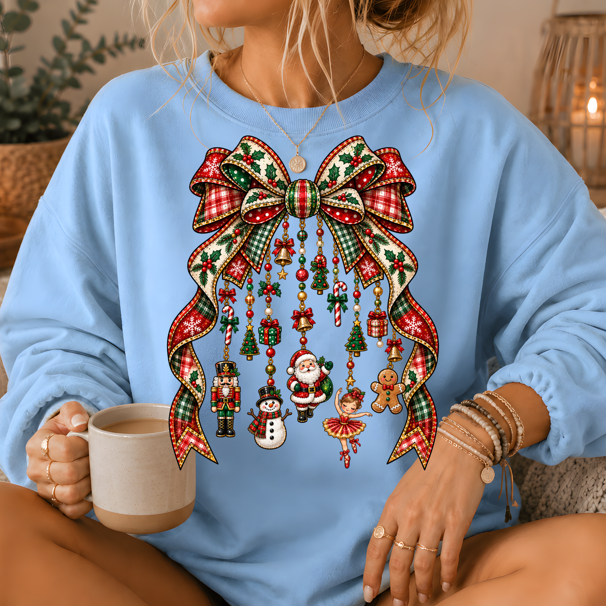 Christmas Plaid Bow Holiday Charms Crewneck Sweatshirt