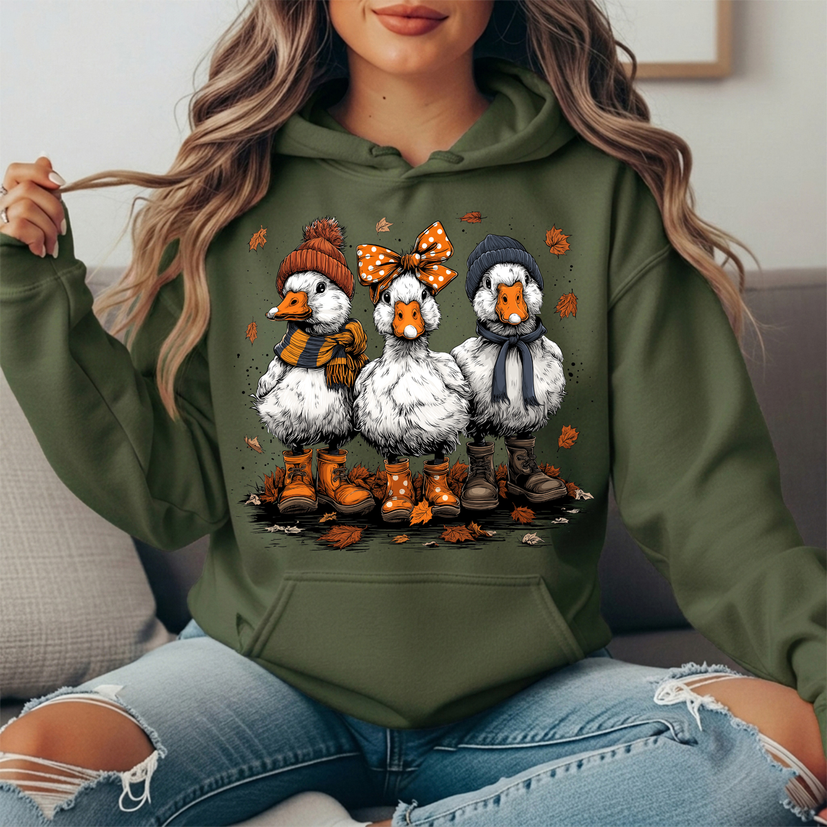 Fall Ducks in Boots & Orange Bow Graphic Hoodie