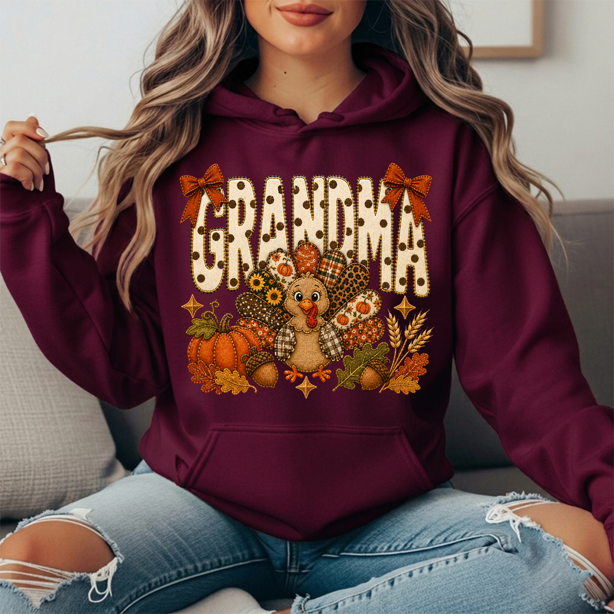 Grandma Thanksgiving Patchwork Turkey Bow Graphic Hoodie