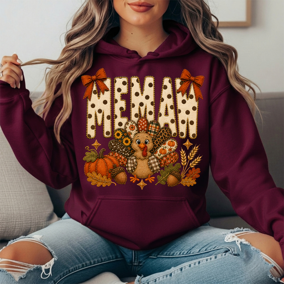 Memaw Thanksgiving Turkey & Rust Bows Graphic Hoodie