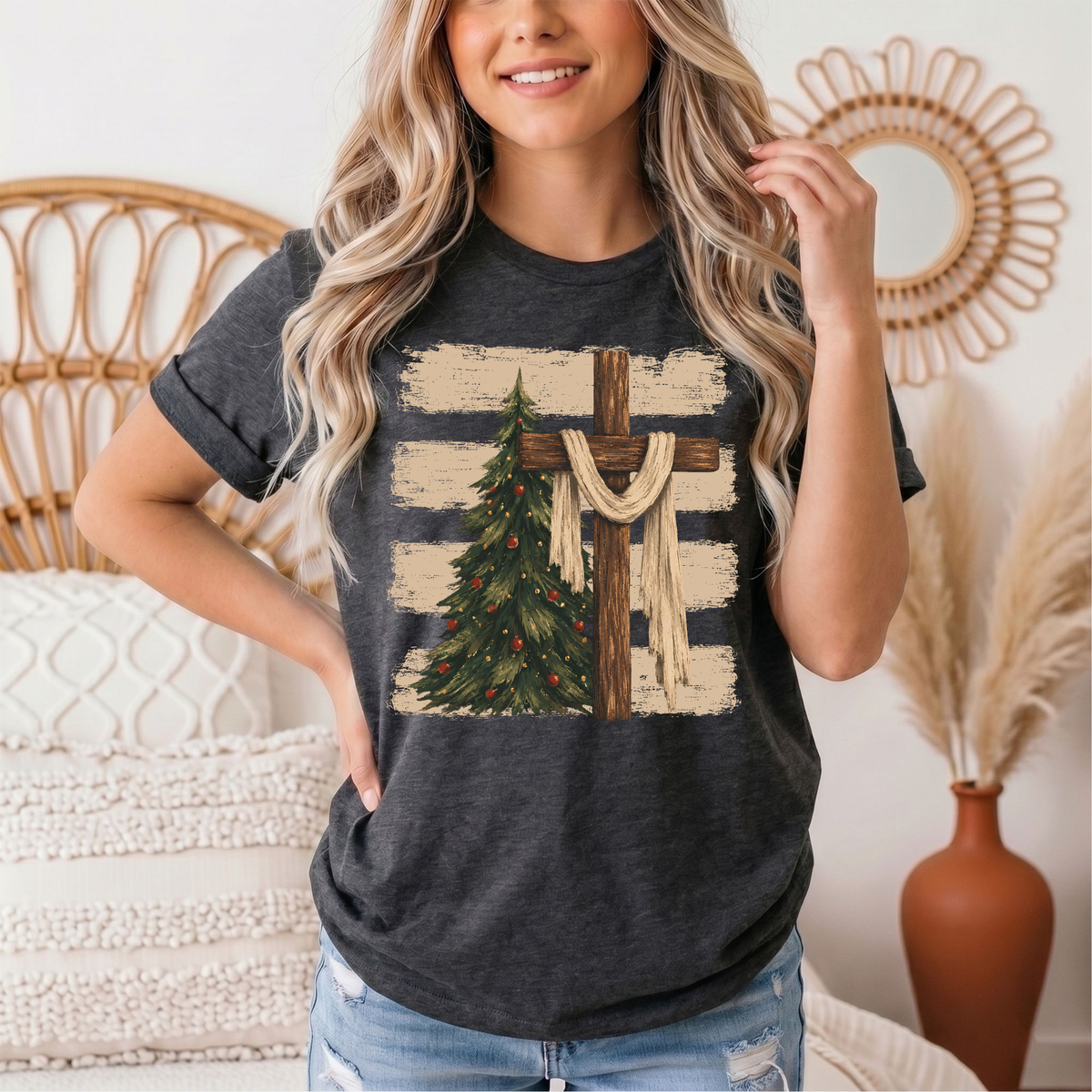 Rustic Cross & Christmas Tree Christian Graphic Tee