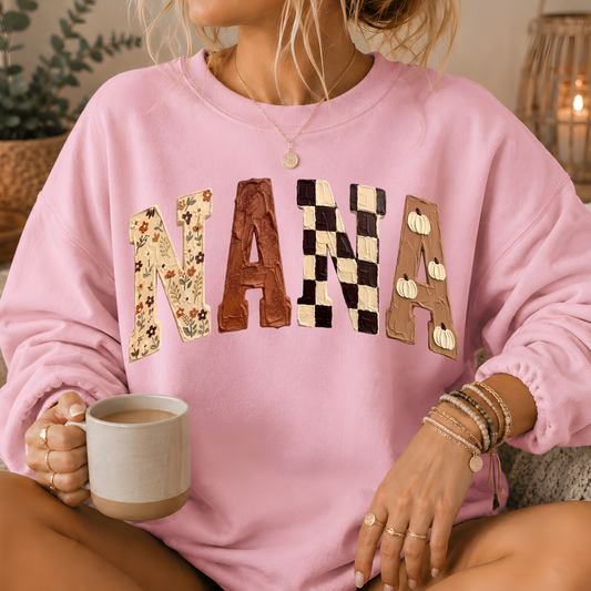 Nana Fall Patchwork Print Crewneck Sweatshirt