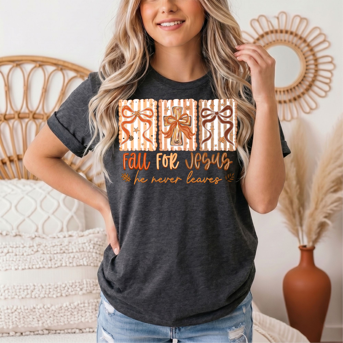Fall for Jesus He Never Leaves Christian Graphic Tee