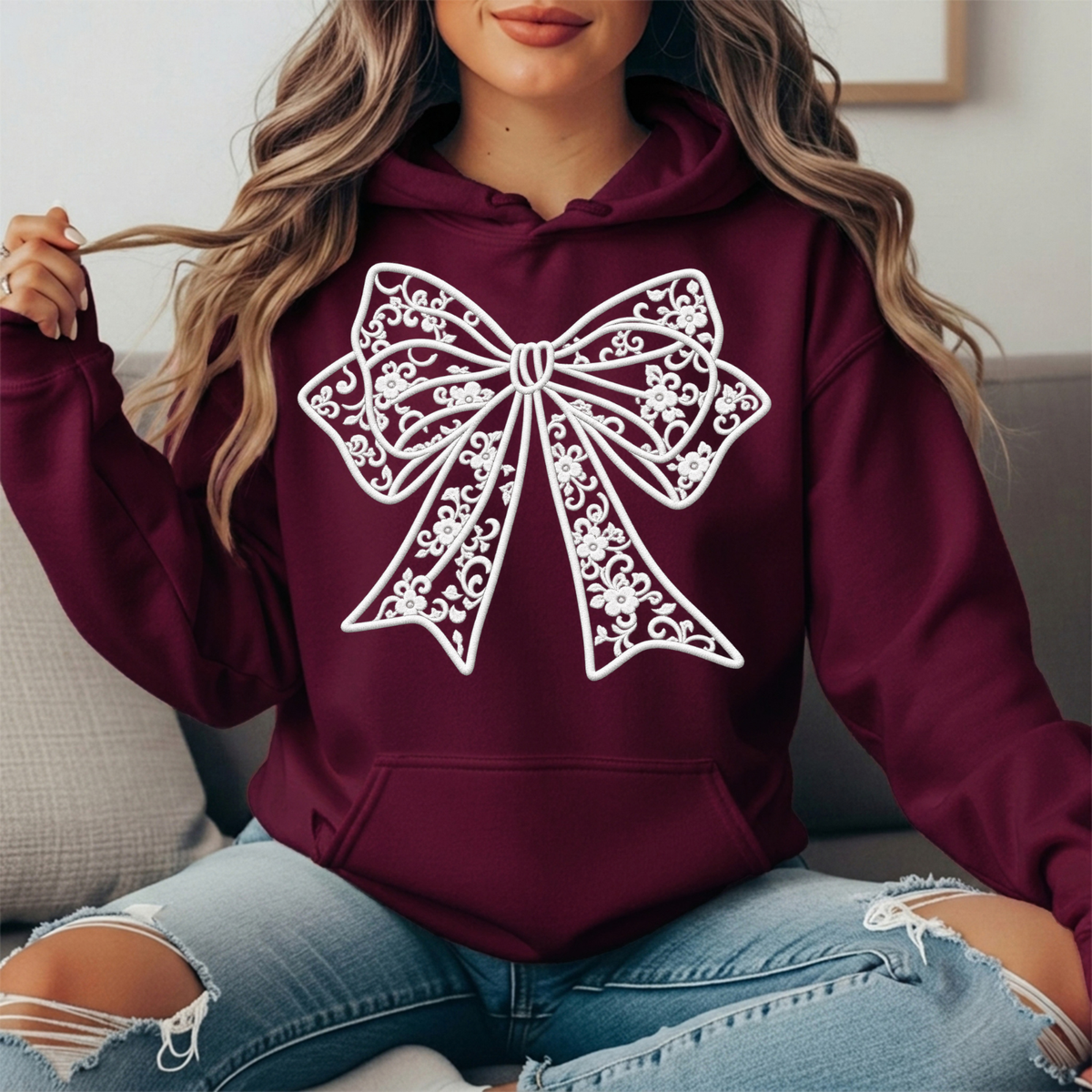 Floral Lace Bow Graphic Hoodie