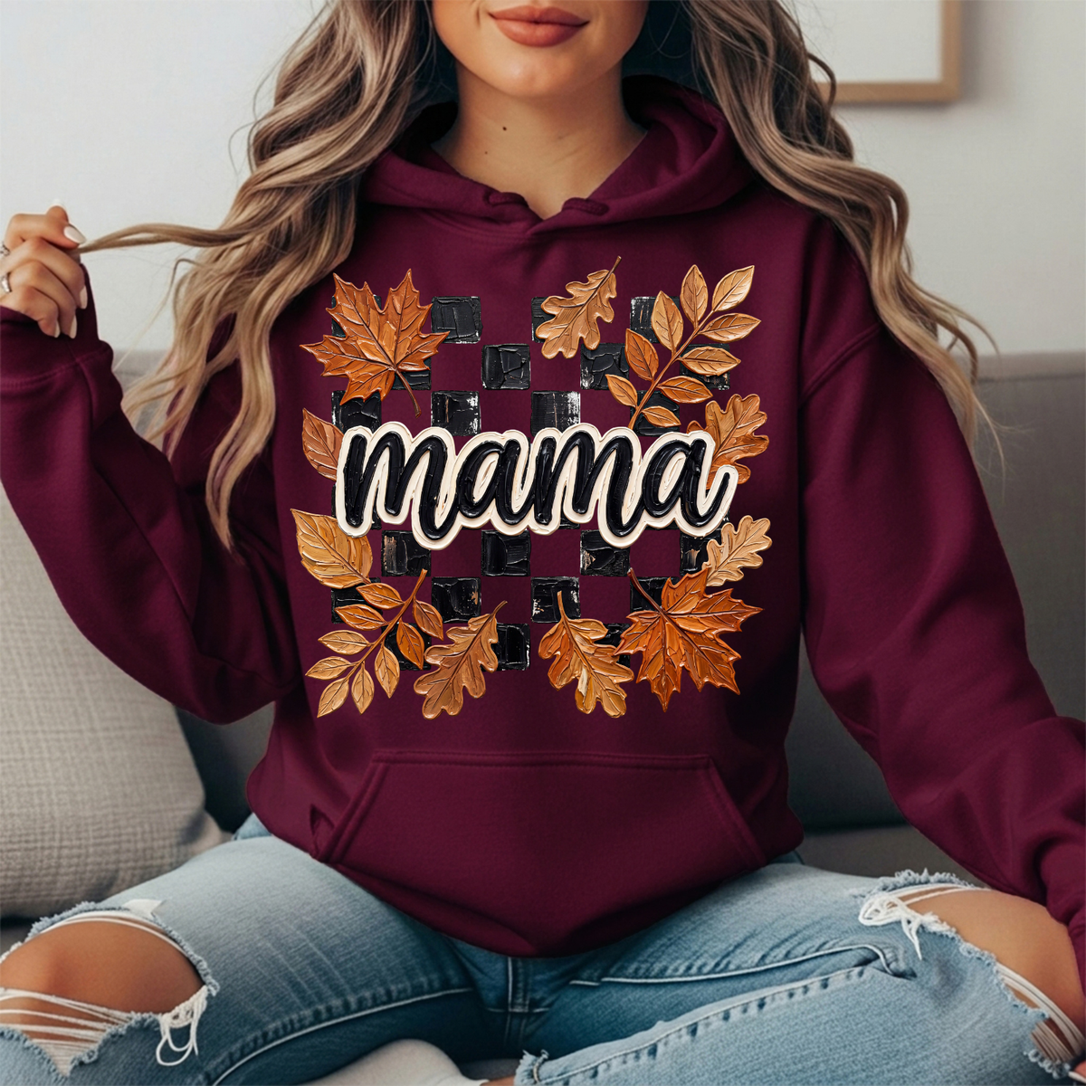 Mama Fall Leaves Checkerboard Graphic Hoodie