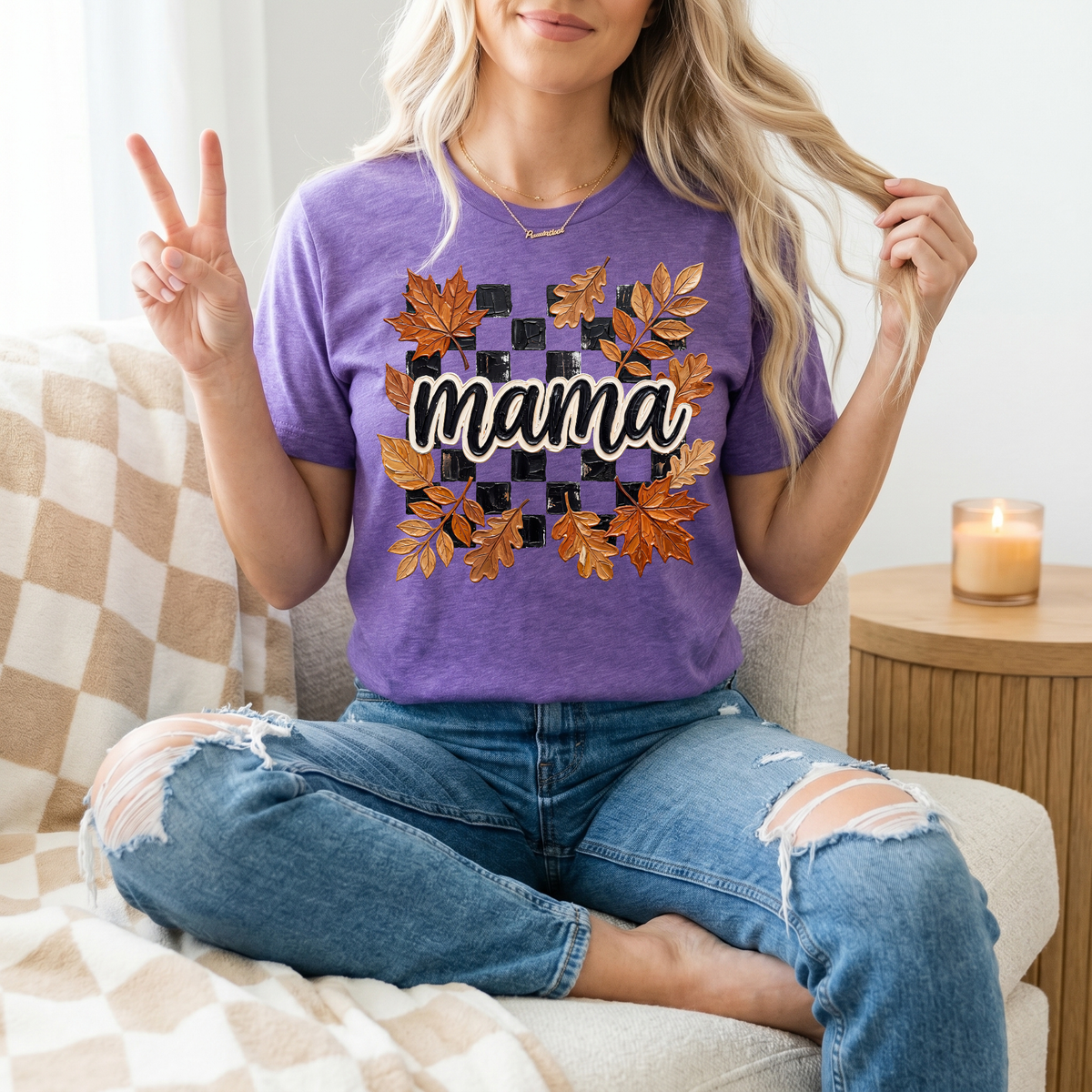 Mama Fall Leaves & Checkerboard Graphic Tee