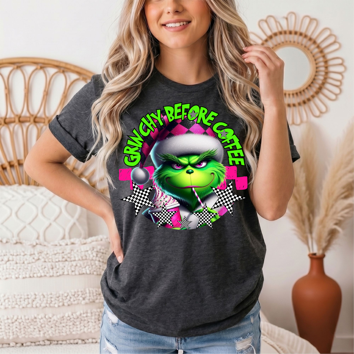 Grinchy Before Coffee Pink Checkerboard Christmas Graphic Tee